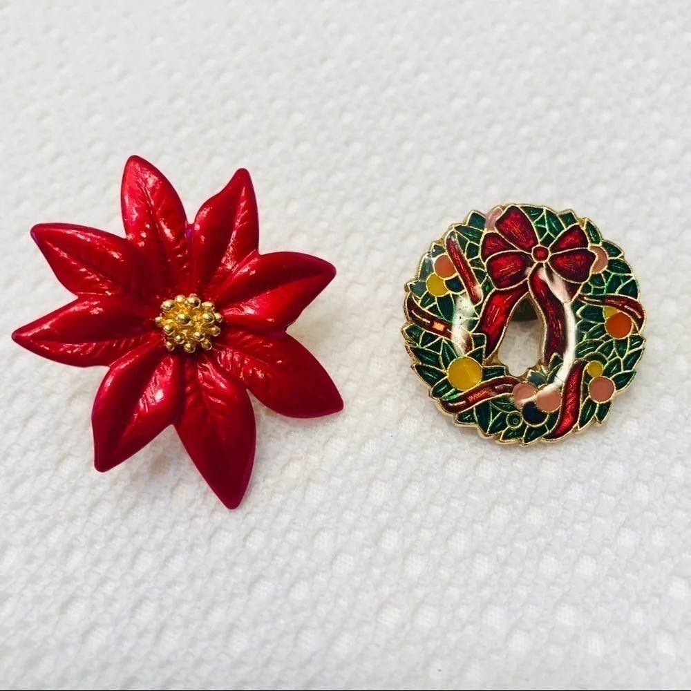 Christmas Brooch Bundle FIVE Gold Red Green Bell Tree Holiday Pins